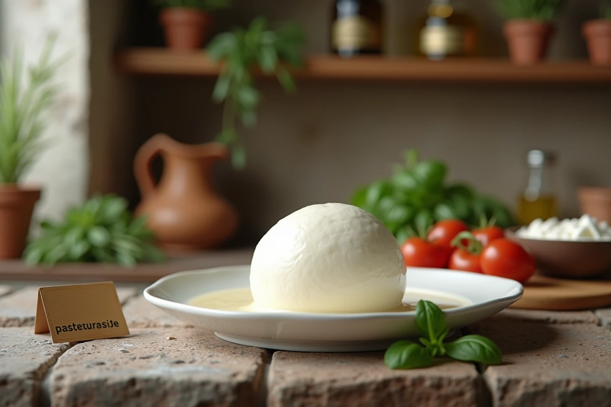 Boule de mozzarella di bufala fraîche dans un bol en céramique blanche avec étiquette pasteurisée