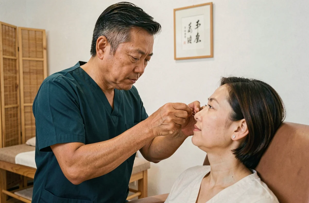 Acupuncteur d'origine asiatique pratiquant l'auriculothérapie sur un patient assis dans un cabinet à Strasbourg