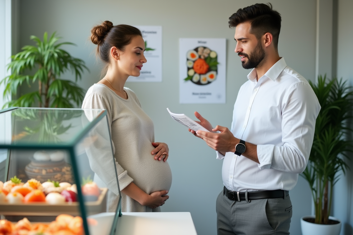 Nutritionniste discutant de sushi avec femme enceinte