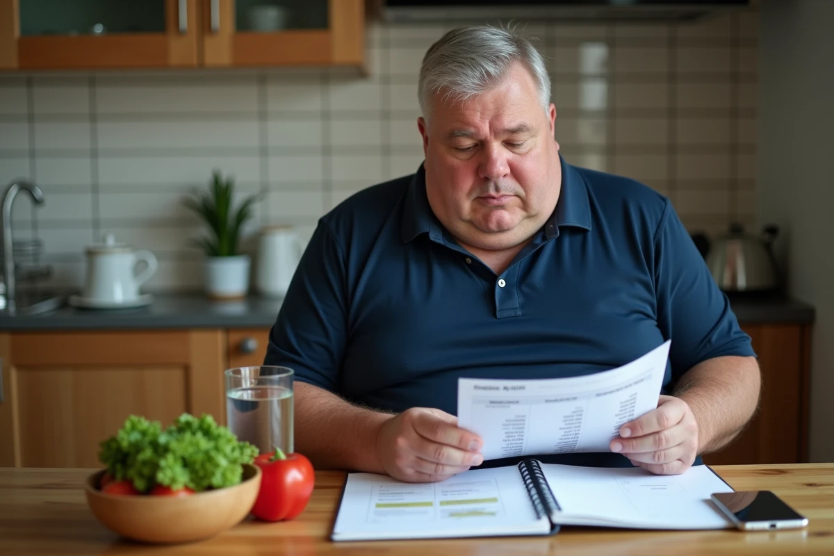 Homme en surpoids consultant ses résultats d'enzymes hépatiques SGOT et son alimentation à domicile