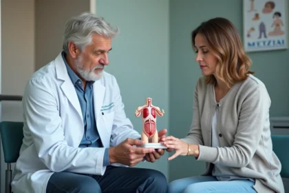 Médecin expliquant un portacath à une patiente dans un cabinet