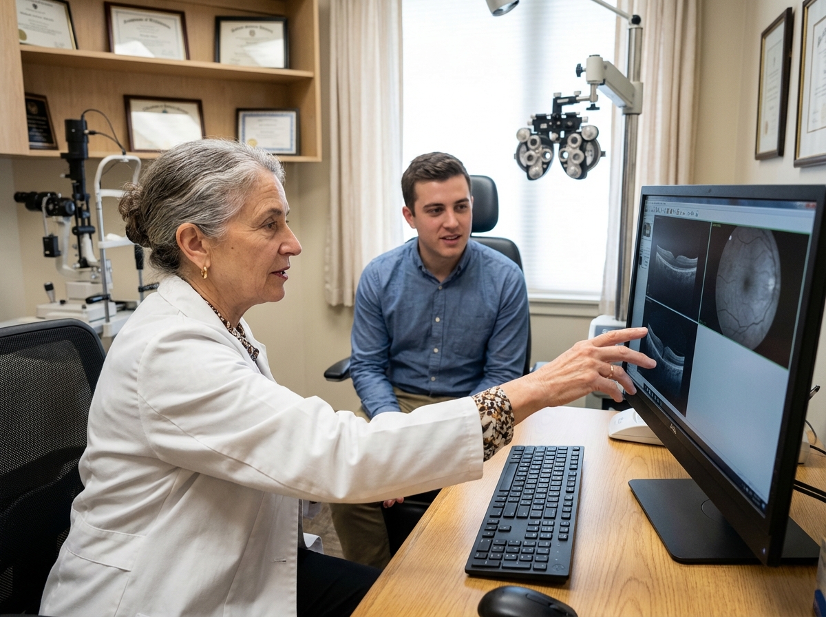 Ophtalmologue examinant un patient avec images de rétine