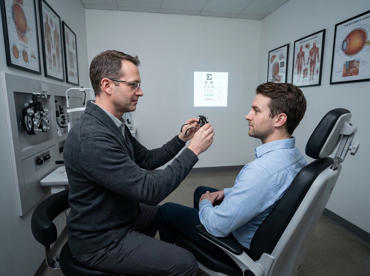 Opticien réalisant un examen de vue sur un patient dans une salle d'optométrie moderne en centre-ville