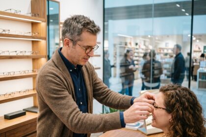 Opticien ajustant des lunettes à une femme souriante dans une boutique