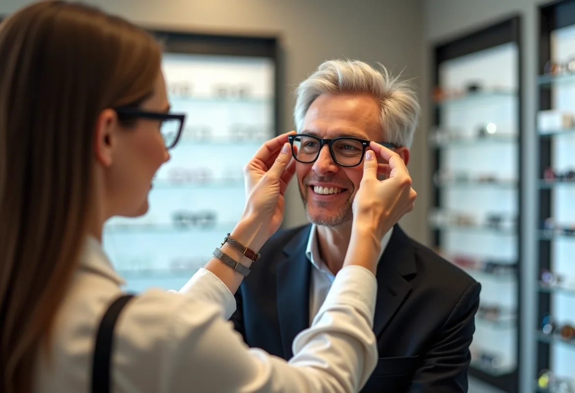 Opticien ajustant des lunettes à une cliente souriante dans un magasin lumineux