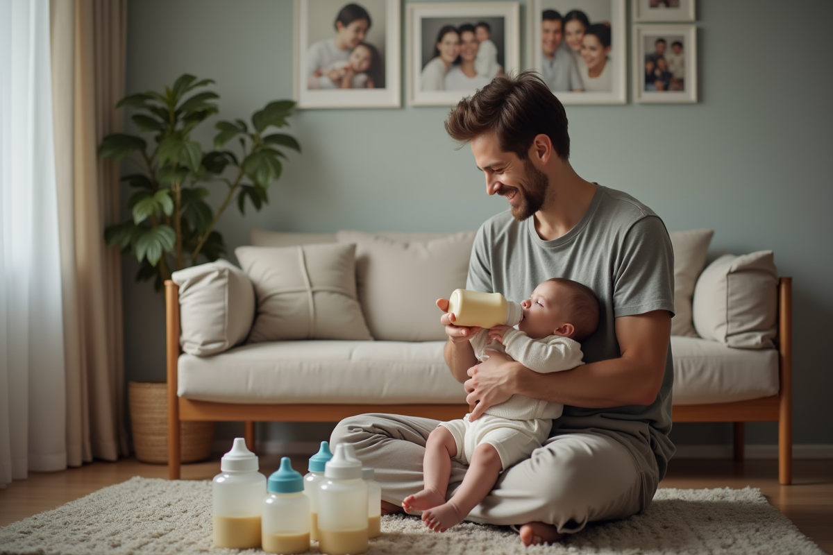 Papa donnant le biberon à son bébé dans le salon familial