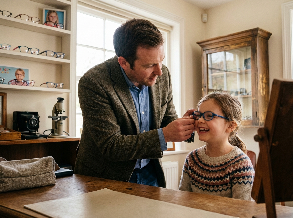 Père aidant sa fille à essayer des lunettes dans un cabinet d