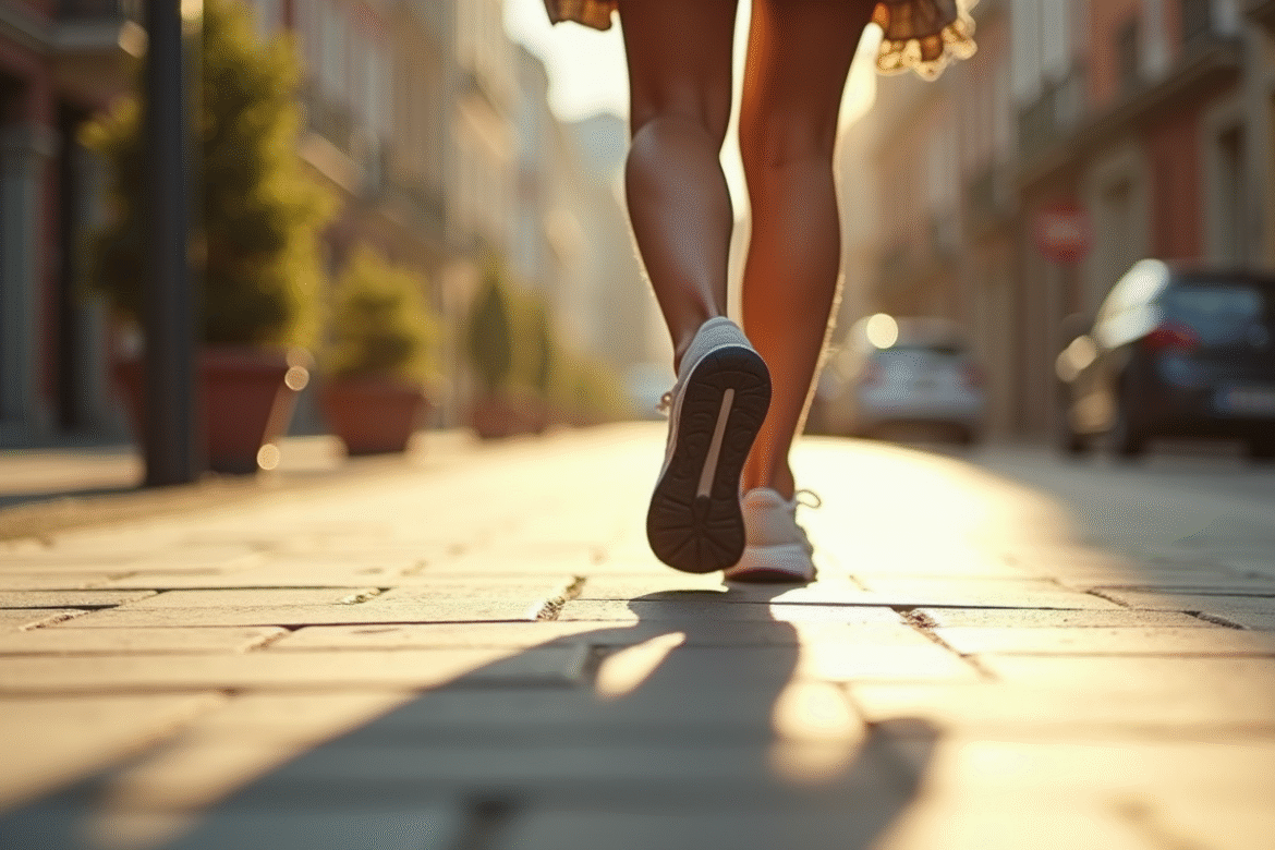 Jambes et baskets en marche rapide sur un trottoir urbain ensoleille