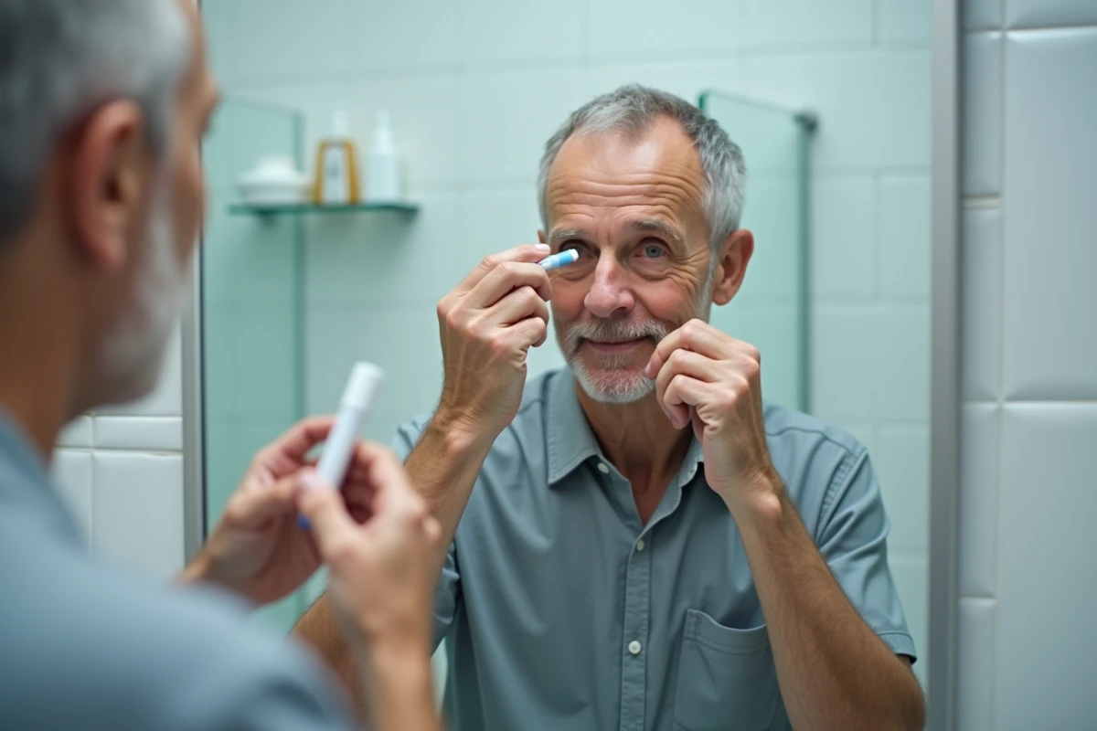 Patient appliquant correctement une pommade ophtalmique en s'aidant du miroir de salle de bain pour un meilleur contrôle du geste