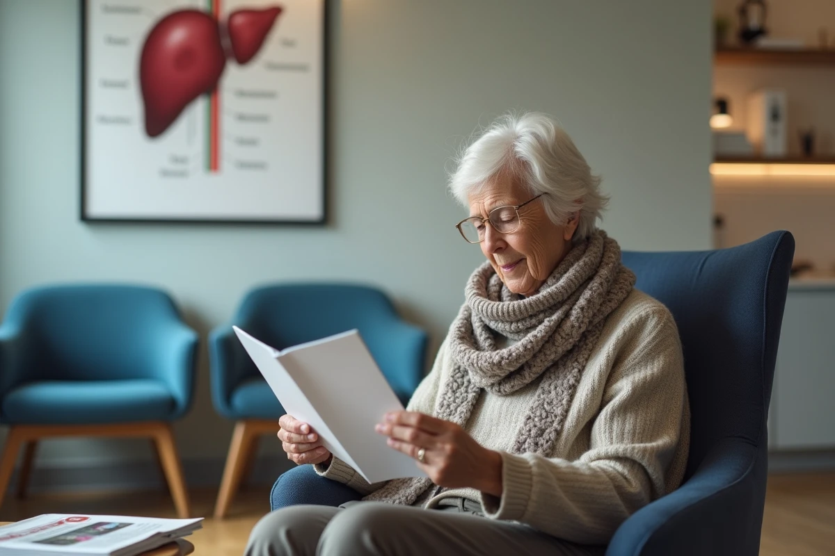 Patiente âgée lisant une brochure sur la santé du foie dans la salle d