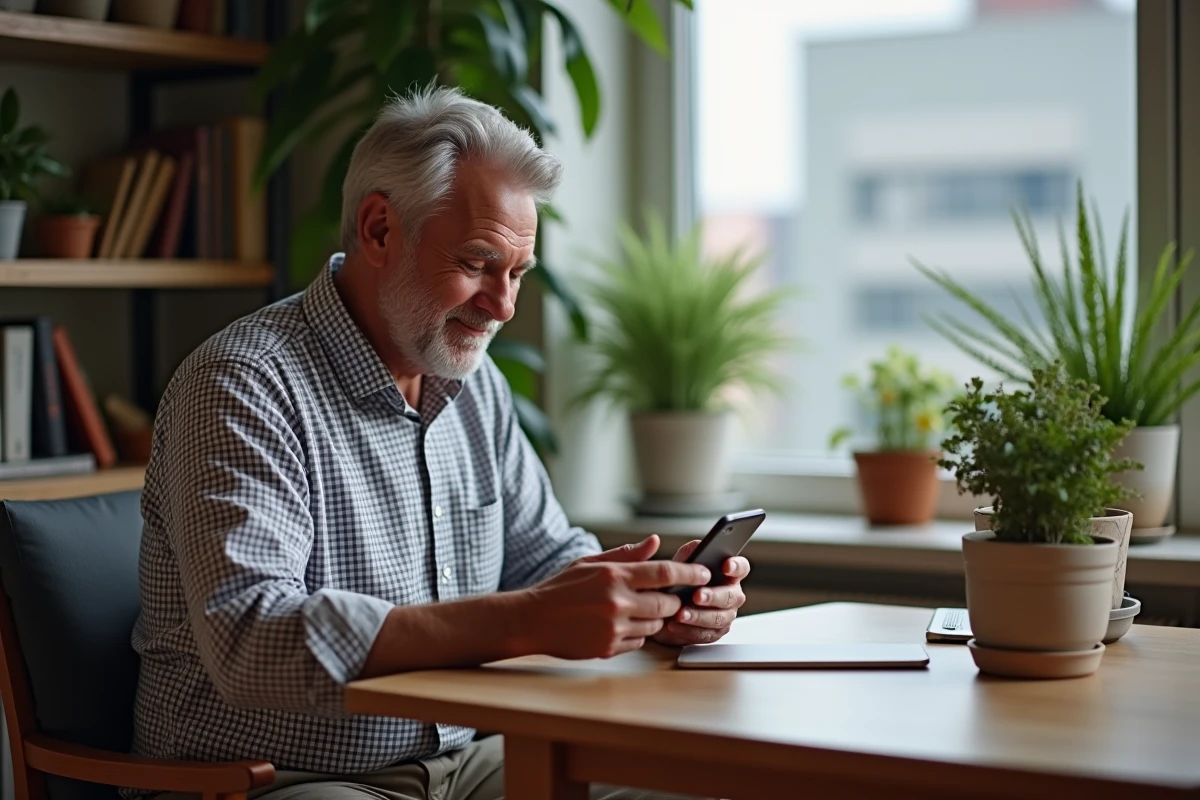 Patient d age moyen consulte son smartphone chez lui