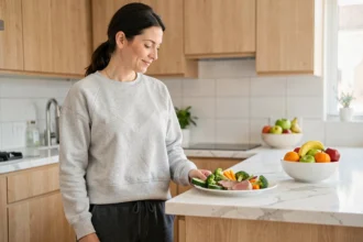 Femme préparant un repas sain et équilibré dans une cuisine moderne pour perdre du poids sans sport