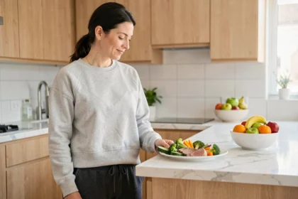 Femme préparant un repas sain et équilibré dans une cuisine moderne pour perdre du poids sans sport