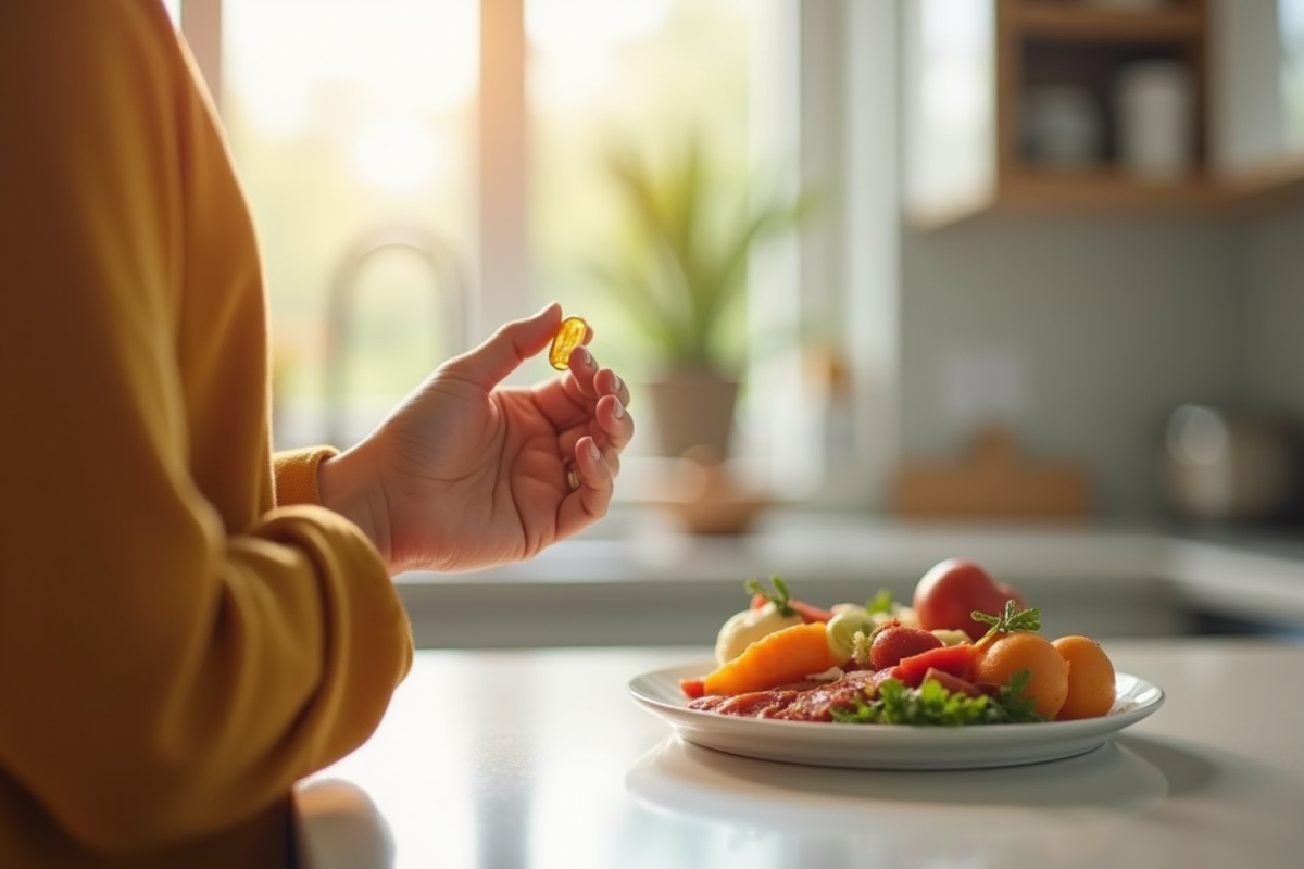 Personne tenant capsule de vitamine D et assiette colorée dans cuisine lumineuse