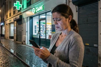 Femme cherchant une pharmacie de garde Orléans la nuit avec son smartphone devant une pharmacie fermée