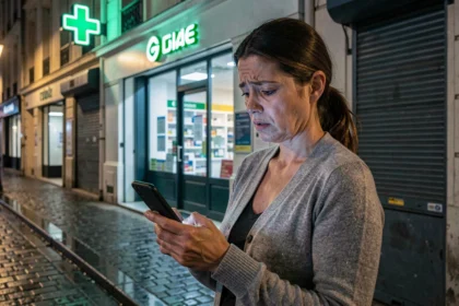 Femme cherchant une pharmacie de garde Orléans la nuit avec son smartphone devant une pharmacie fermée