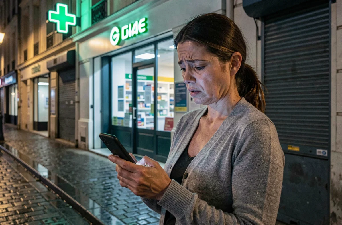 Femme cherchant une pharmacie de garde Orléans la nuit avec son smartphone devant une pharmacie fermée