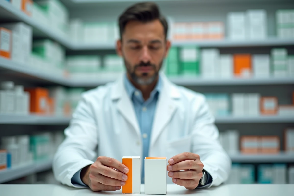 Pharmacien comparant deux boîtes de médicaments derrière le comptoir d'une pharmacie moderne