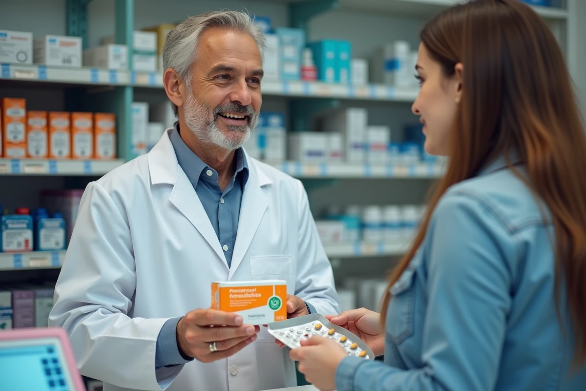 Pharmacien offrant des probiotiques à une cliente en pharmacie