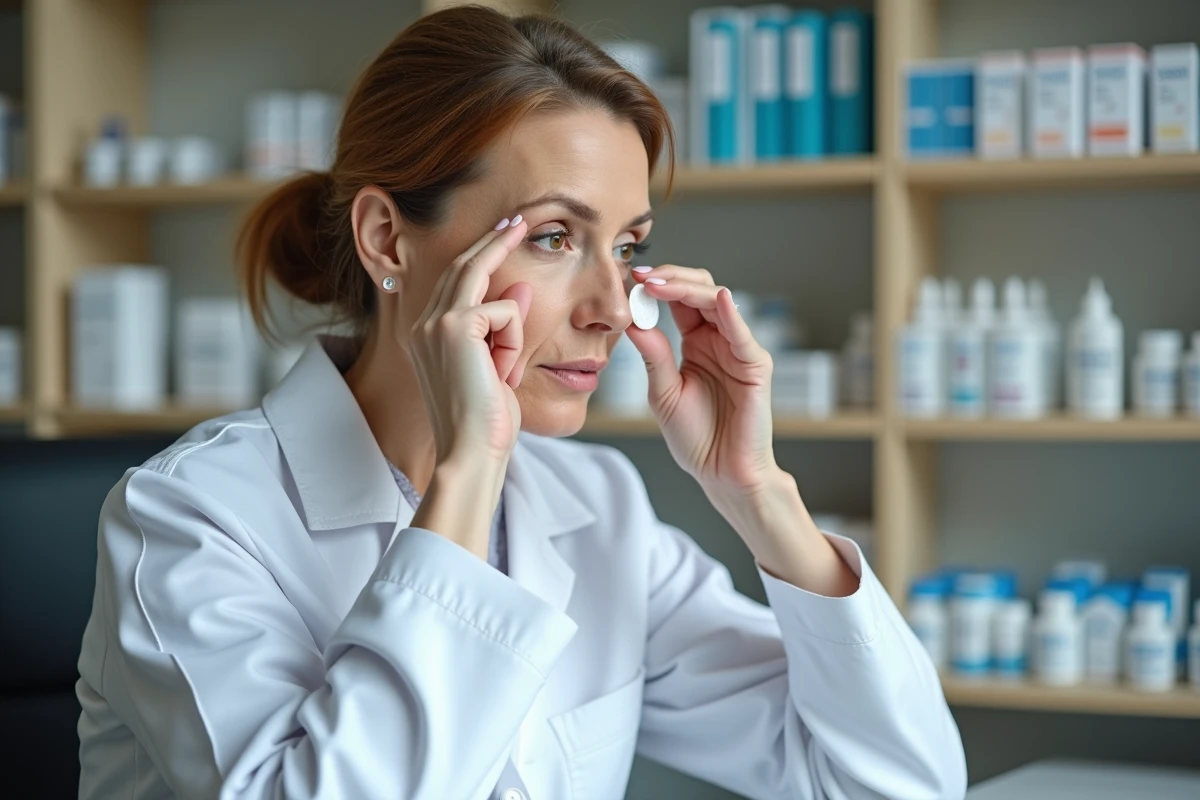 Pharmacienne démontrant la technique correcte d'application d'une pommade ophtalmique STERDEX en consultation officinale