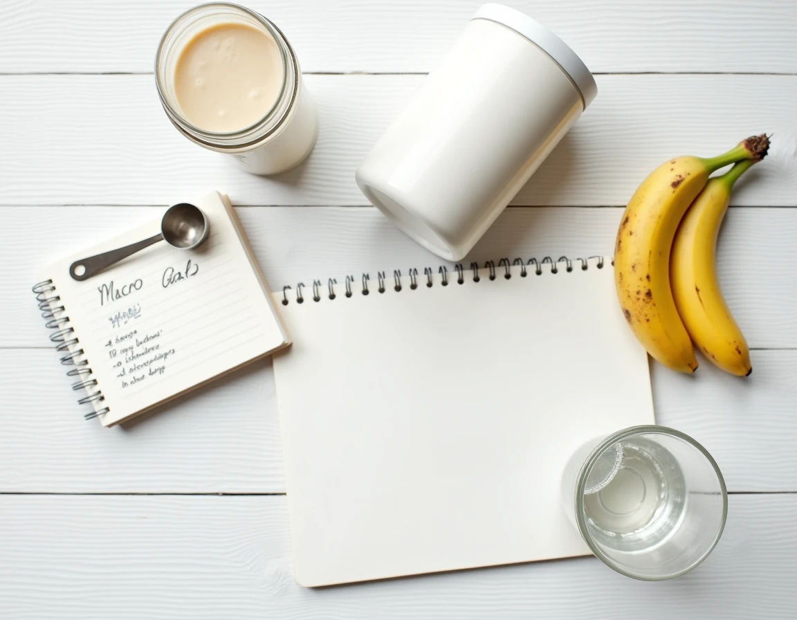Vue de dessus d'un plan de nutrition pour débutant en musculation avec une boîte de whey protéine, un shaker et un carnet de suivi alimentaire
