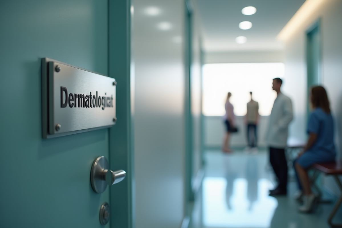 Porte du cabinet dermatologue dans un couloir lumineux