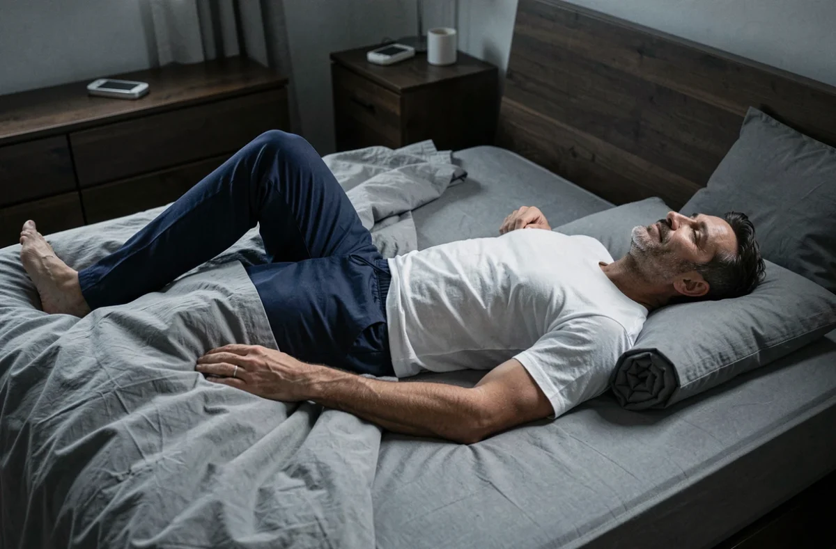 Homme allongé sur le dos avec un coussin sous les genoux pour réduire la pression lombaire et soulager la sciatique