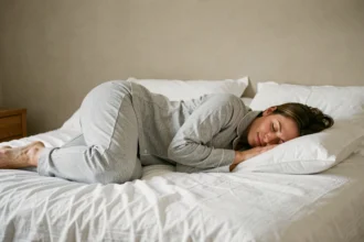 Femme dormant sur le côté avec un oreiller entre les genoux pour soulager la sciatique