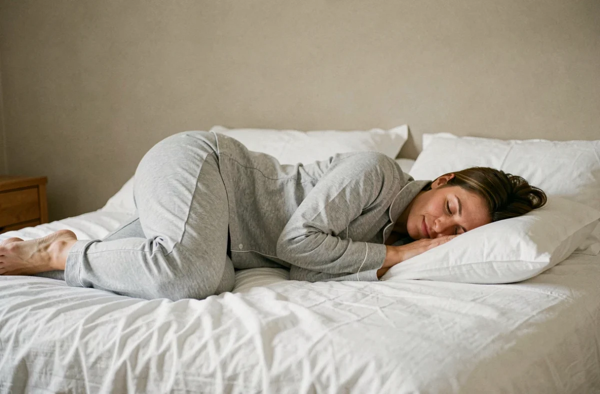 Femme dormant sur le côté avec un oreiller entre les genoux pour soulager la sciatique