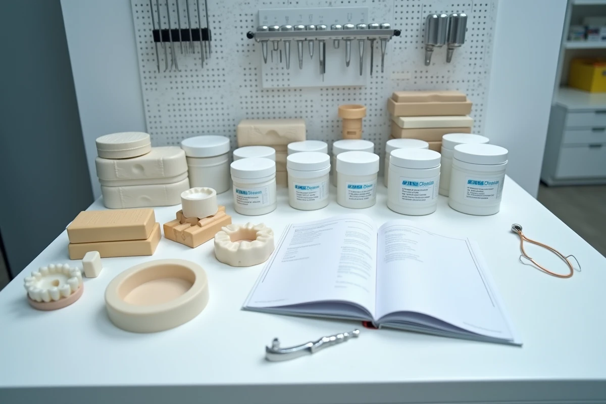 Poste de travail de petit laboratoire dentaire organisé avec du matériel professionnel et un catalogue d'achat