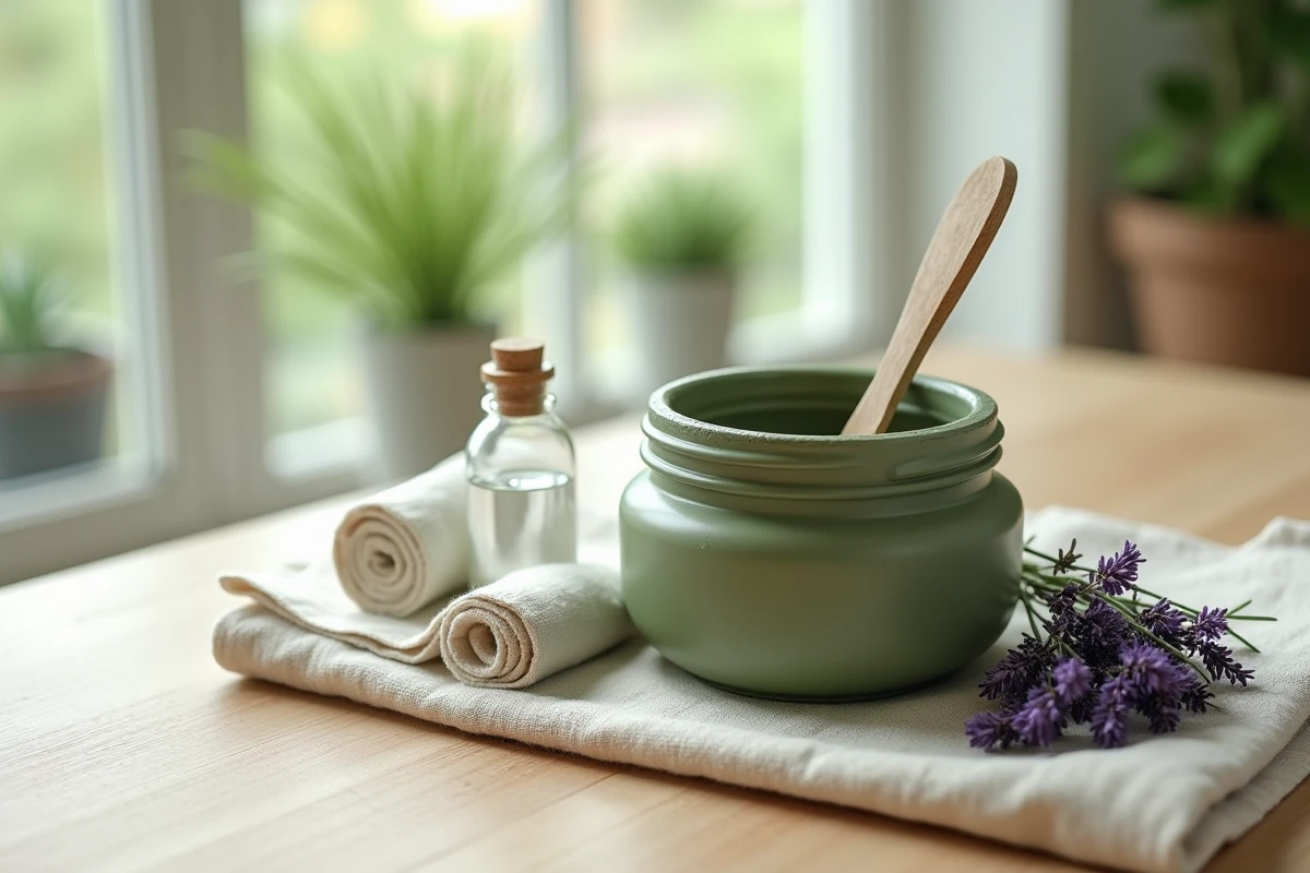Pot d'argile verte ouverte avec spatule en bois, bande de gaze et accessoires naturels pour préparer un cataplasme contre les entorses