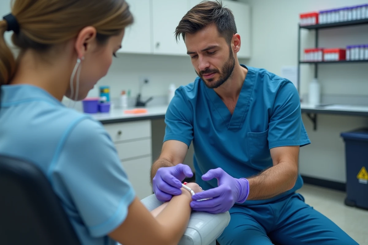 Infirmier prélevant du sang sur un patient pour analyser le volume globulaire moyen VGM en laboratoire