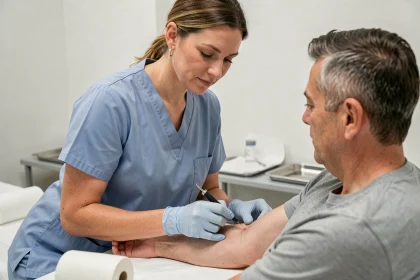 Infirmière réalisant une prise de sang sur un patient adulte dans une salle d'examen médical clinique