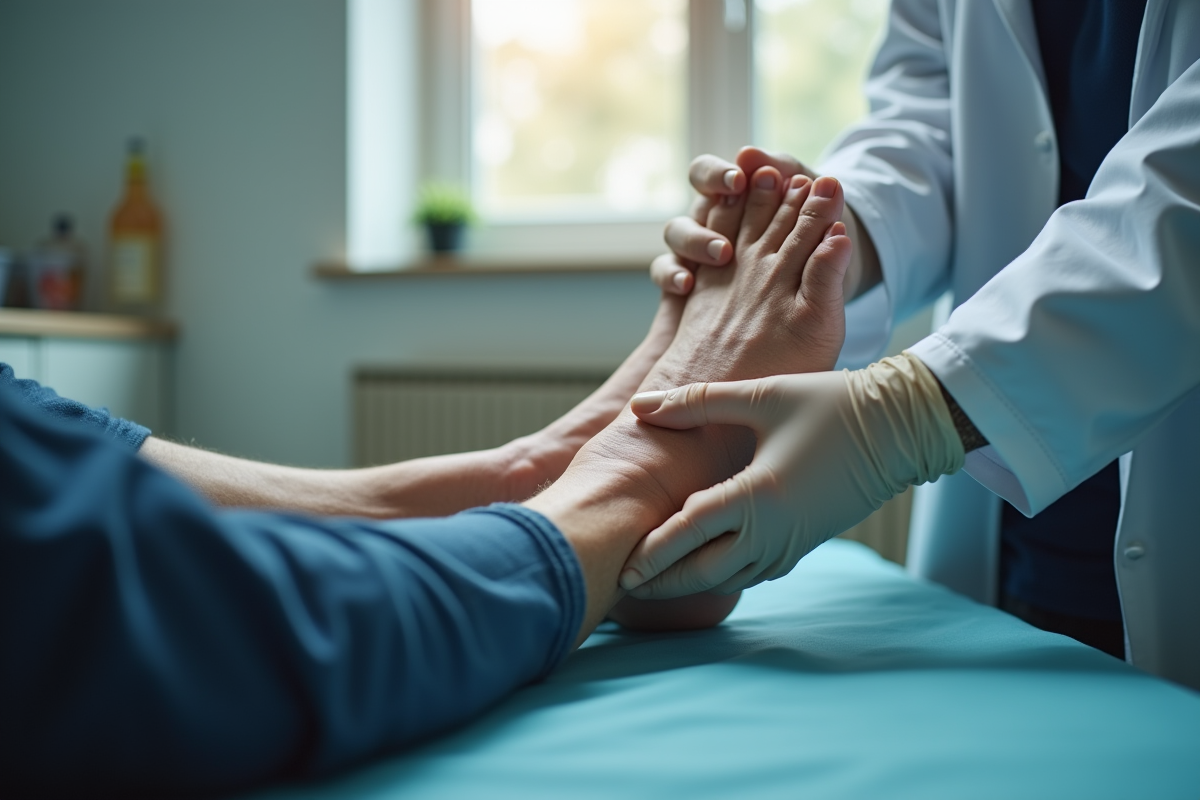 Professionnel de santé évaluant le pied d un patient agee en clinique