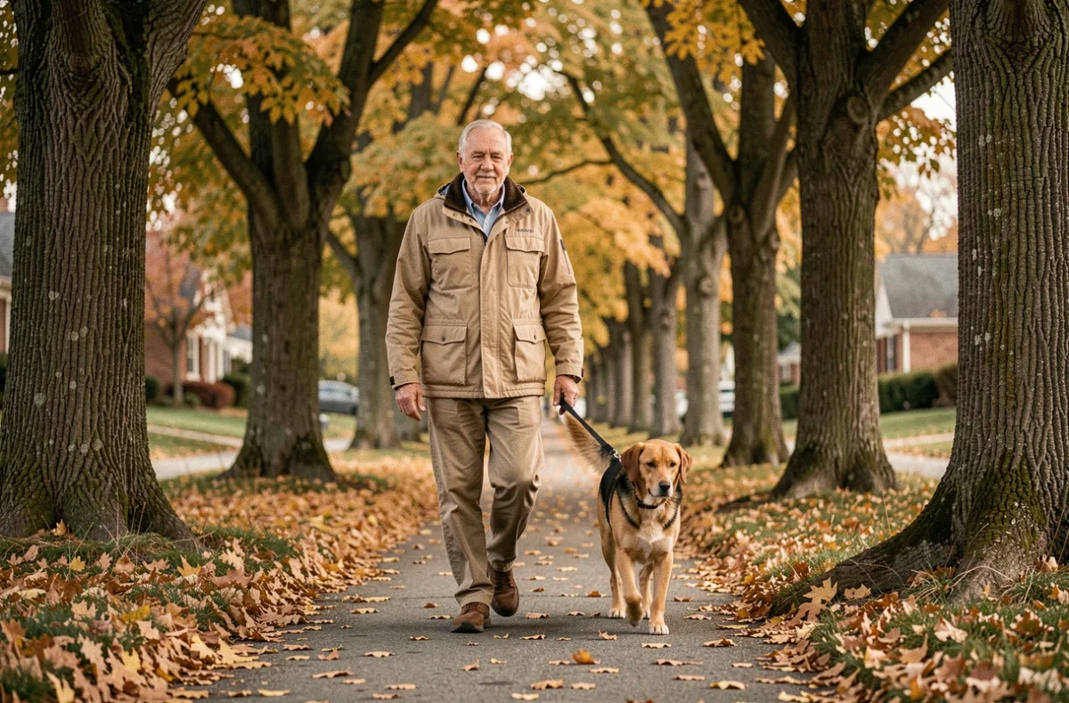 Homme âgé promenant son chien en convalescence après une opération de la rate sur un chemin automnal calme