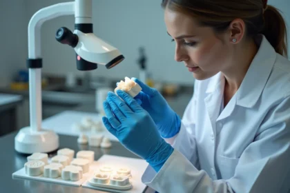 Prothésiste dentaire examinant une couronne en céramique dans un laboratoire dentaire moderne