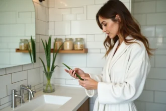Femme appliquant du gel d'aloe vera naturel sur la peau après le rasage dans une salle de bain soignée