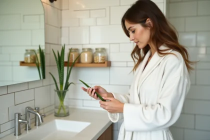 Femme appliquant du gel d'aloe vera naturel sur la peau après le rasage dans une salle de bain soignée