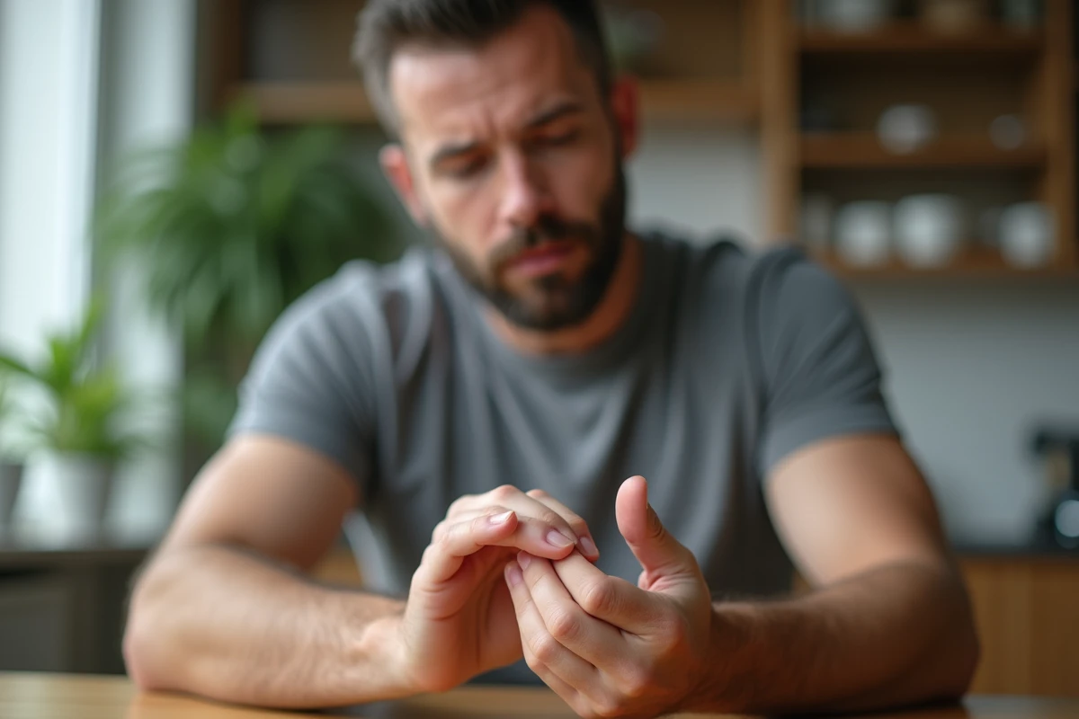 Homme examinant la repousse d'un ongle arraché sur le pouce en phase de cicatrisation avancée