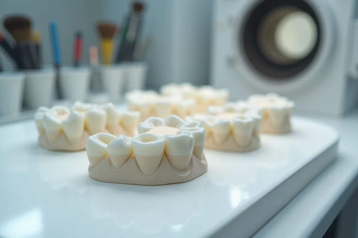 Restaurations dentaires en céramique incluant facettes et couronnes disposées sur un plateau en laboratoire dentaire