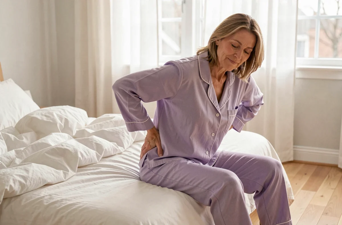 Femme se réveillant sans douleur sciatique après une nuit dans la bonne position de sommeil