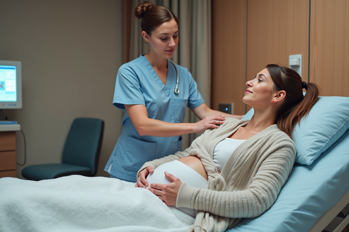 Sage-femme montrant techniques de respiration à une future maman