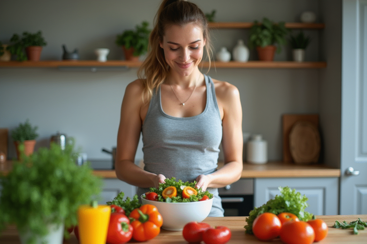 Femme préparant une salade colorée dans une cuisine moderne