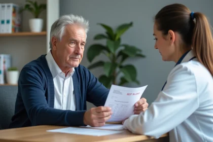Senior homme fatigué en consultation médicale discutant des résultats d'analyse sanguine avec un médecin généraliste