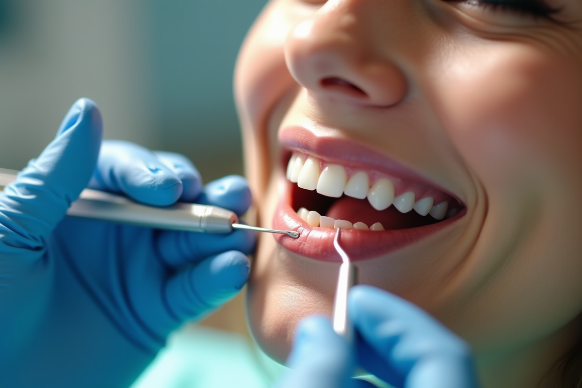 Hygieniste dentaire avec outils près d’un sourire sain