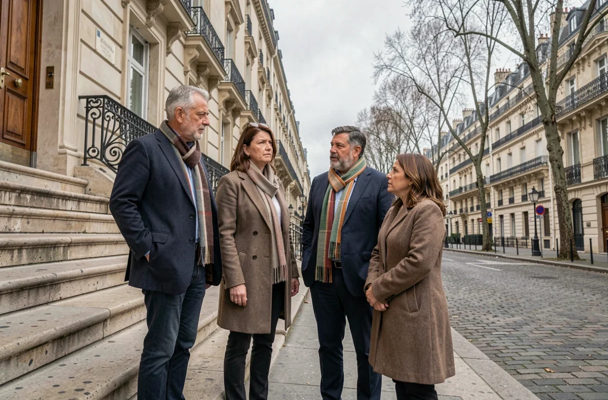 Groupe de soutiens politiques français réunis devant un bâtiment néoclassique parisien, exprimant solidarité et préoccupation