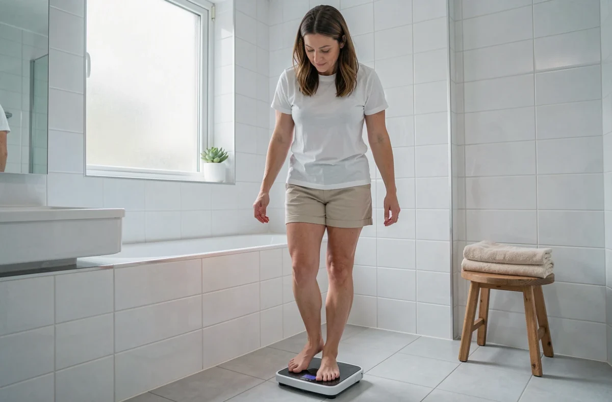 Femme se pesant sur une balance dans une salle de bain épurée pour suivre sa perte de poids sans activité sportive
