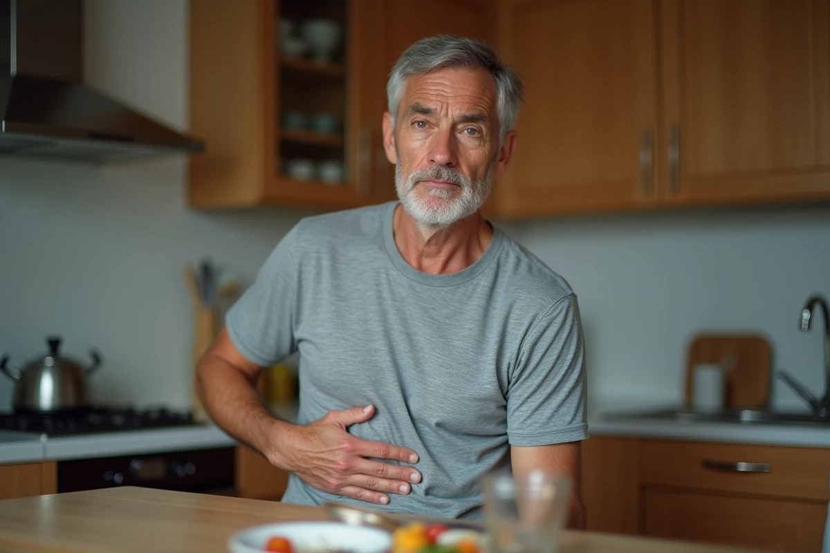 Homme d'âge mûr assis dans sa cuisine, la main sur l'abdomen, exprimant une gêne digestive liée aux symptômes du cancer de l'estomac