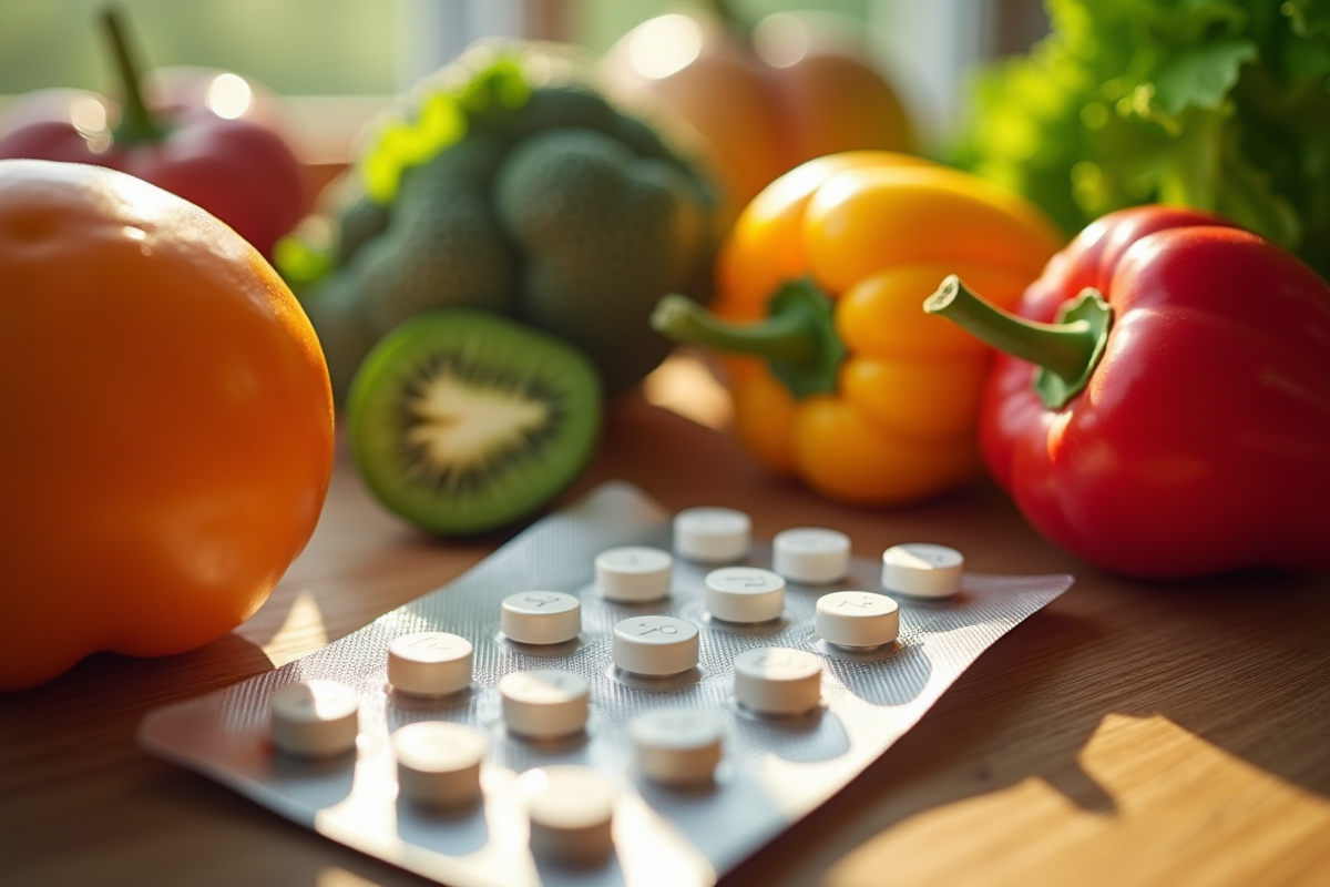 Table en bois avec comprimés de vitamine B12 et fruits frais