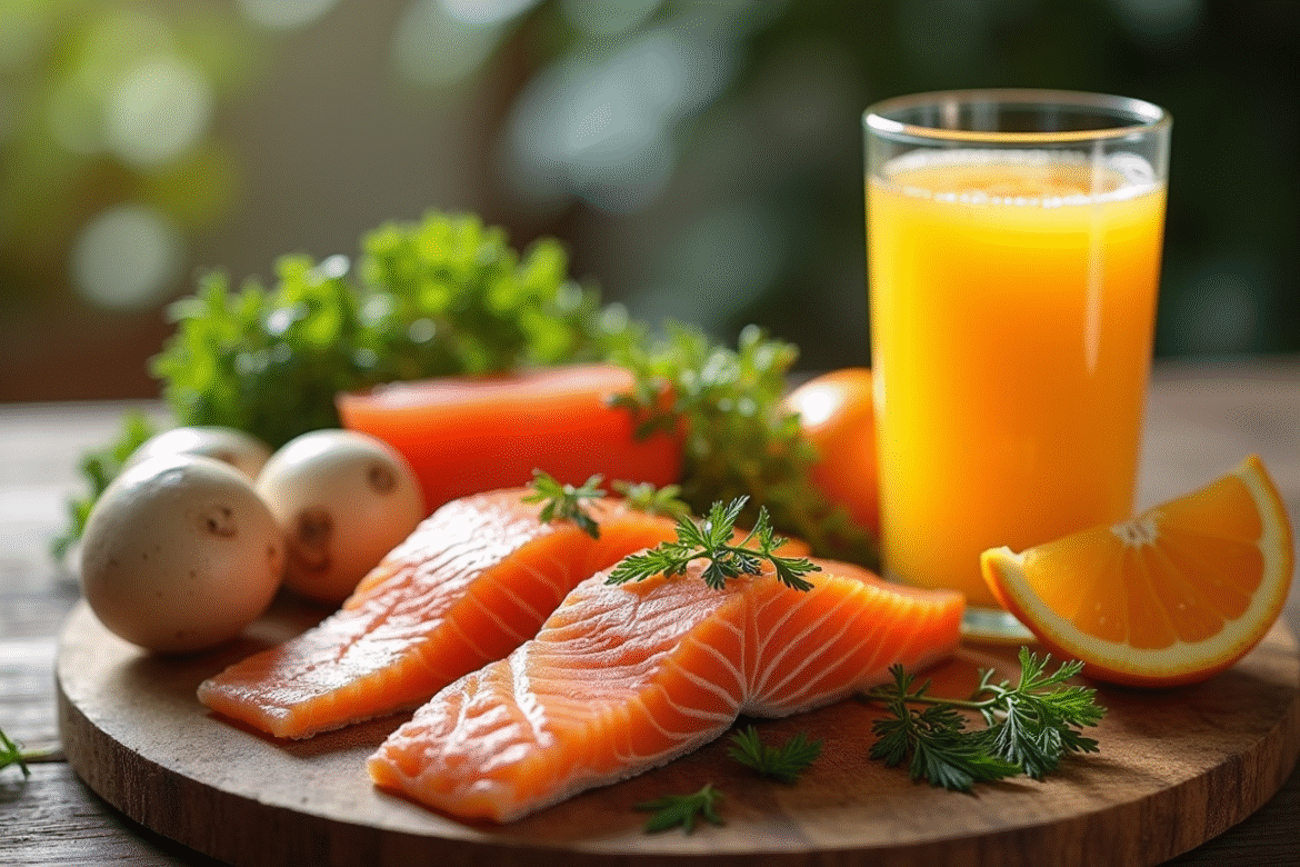 Table en bois avec aliments riches en vitamine D comme saumon œufs et champignons